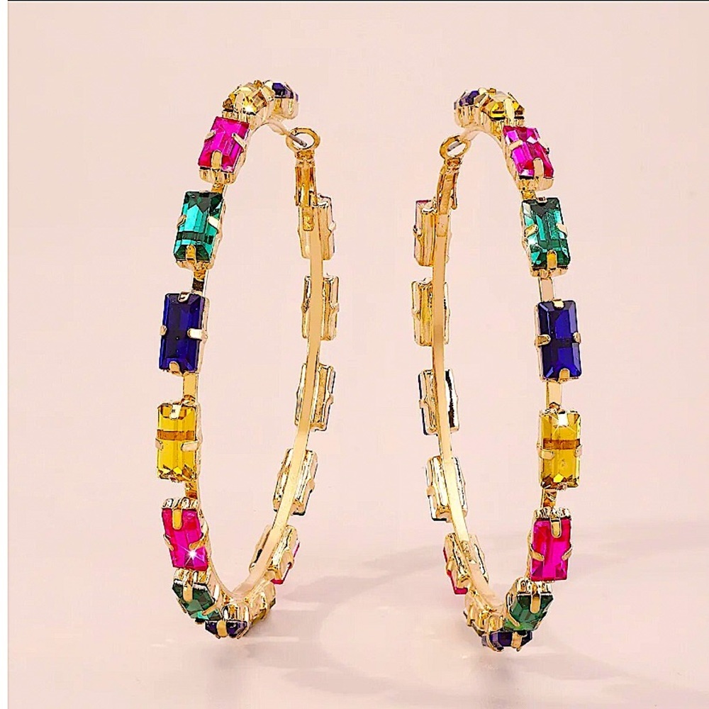 Gold Multi Color Hoop Rhinestone Earrings - Picture 2 of 4